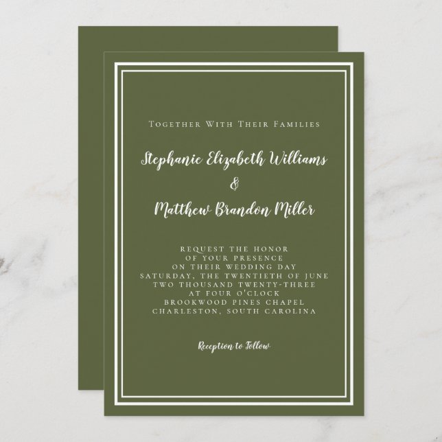 Invitation Classique Moderne Simple Olive Green Mariage éléga (Devant / Derrière)