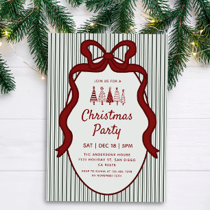 Invitation Classique Noël rayures vert foncé et nœud rouge