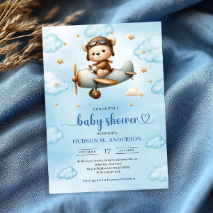 Invitation Classique Ours en Peluche Pilote Bleu Marron pour 