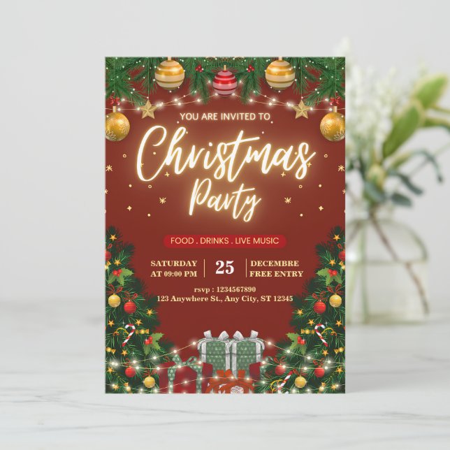 Invitation classique Red & Gold Christmas Party (Debout devant)