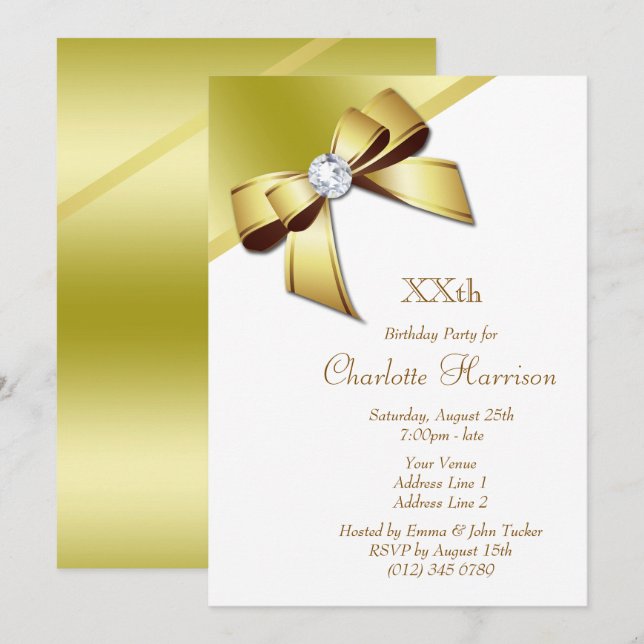 Invitation Classique Romantique White & Gold fête d'anniversa (Devant / Derrière)