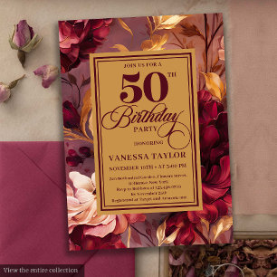 Invitation Classique rouge vif rouge floral 50e anniversaire