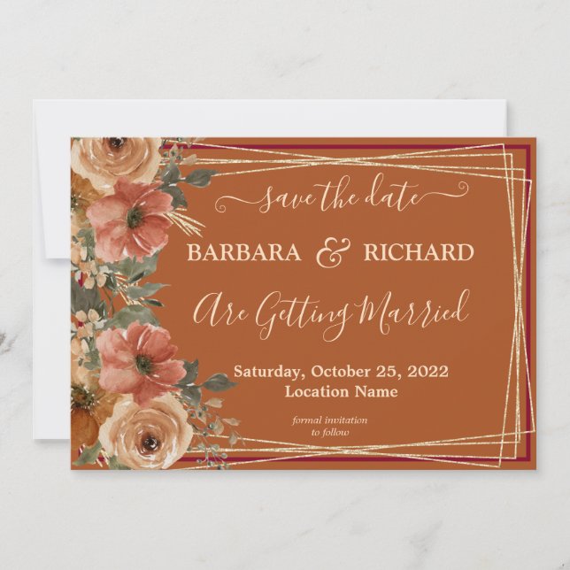 Invitation CLASSIQUE Terracotta Floral Fall Date de sauvegard (Devant)