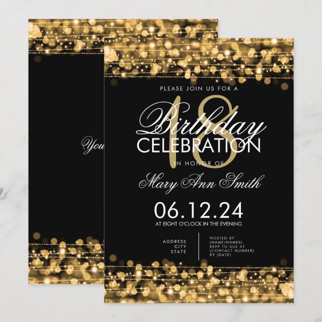 Invitation Classy 18th Birthday Party Sparkles Gold (Devant / Derrière)