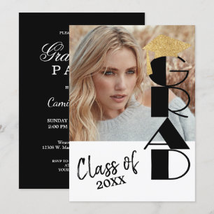 Invitation Classy Black and Gold Photo Graduation