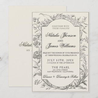 Invitation Classy Black Cream Floral Boho Botanical Wedding