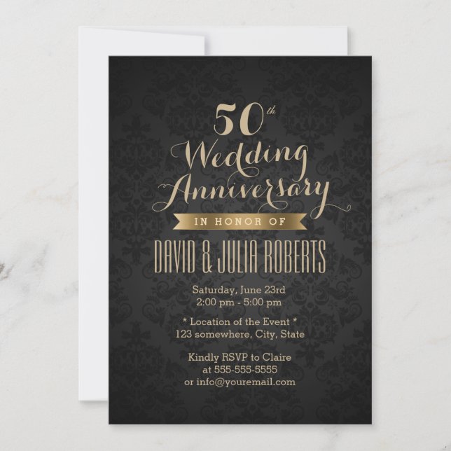Invitation Classy Black & Gold 50e anniversaire de Mariage (Devant)
