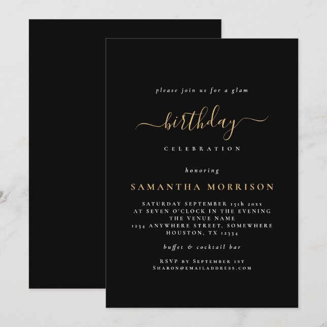 Invitation Classy Black Gold N'importe quel âge Anniversaire (Devant / Derrière)