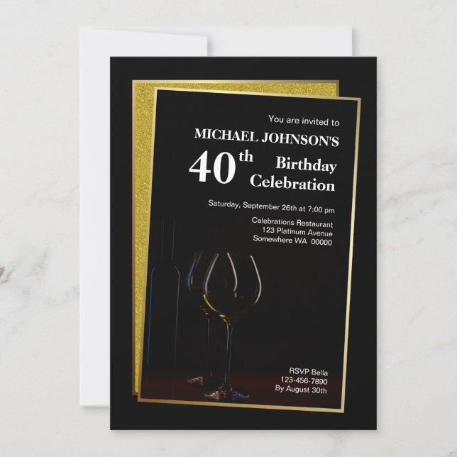 Invitation Classy Black Gold Parties scintillant 40e annivers (Devant)