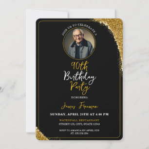 Invitation Classy Black & Gold Photo 90e anniversaire