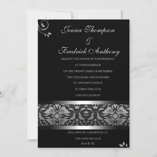 Invitation Classy Black Mariage damassé (Devant)