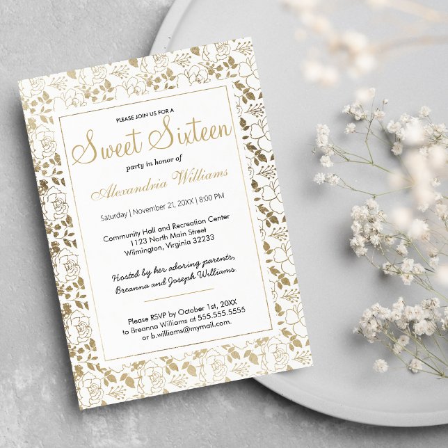 Invitation Classy blanc élégant cadre floral or doux 16 (Classy white elegant gold floral frame Sweet 16 Invitation )