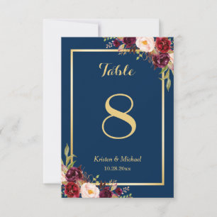 Invitation Classy Burgundy Floral Gold Navy Blue Table Numéro