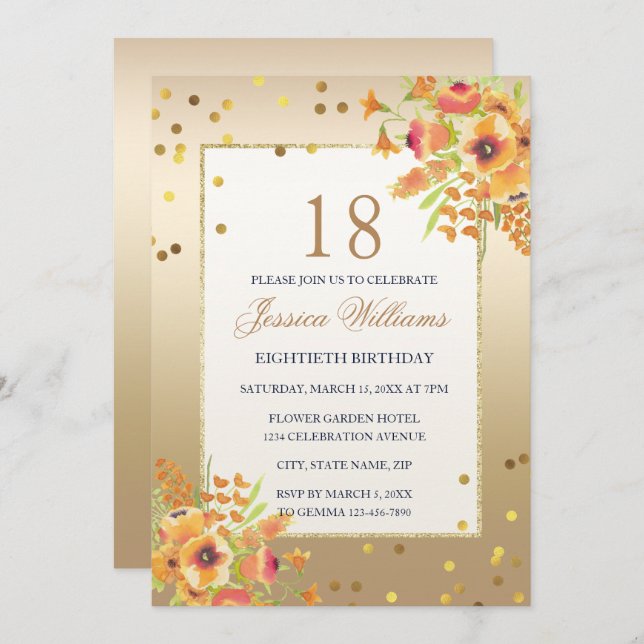 Invitation Classy Confetti & Corner Flowers 18e anniversaire (Devant / Derrière)