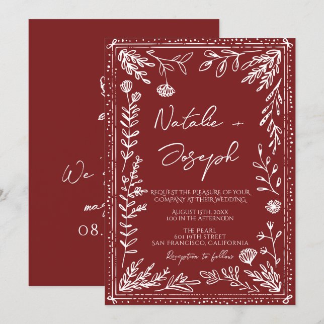 Invitation Classy Deep Red Blue Floral Modern Wedding (Devant / Derrière)