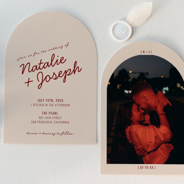 Invitation Classy Deep Red Whimsical Photo Arched Wedding (Créateur téléchargé)