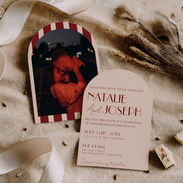 Invitation Classy Deep Red Whimsical Photo Arched Wedding (Créateur téléchargé)
