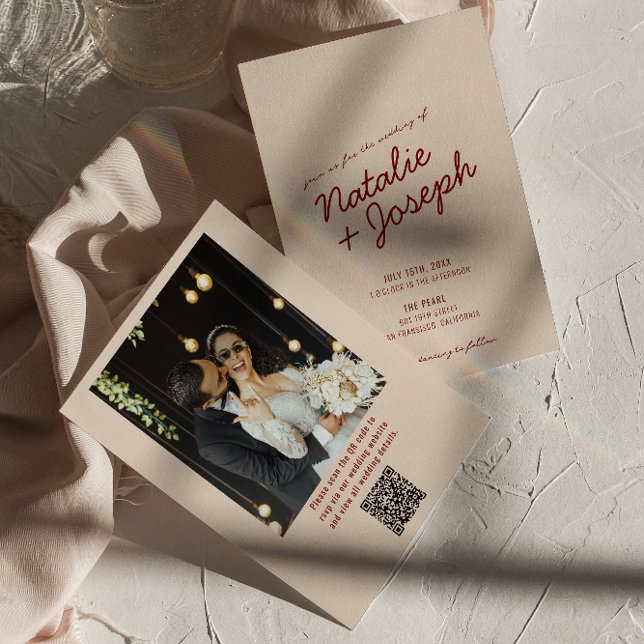 Invitation Classy Deep Red Whimsical QR Code Photo Wedding (Créateur téléchargé)