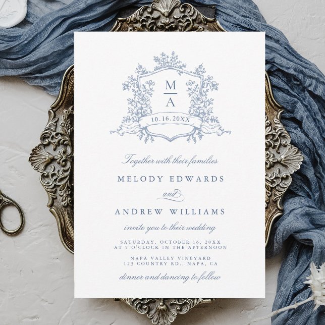Invitation Classy Dusty Blue Floral Crest Wedding (Créateur téléchargé)