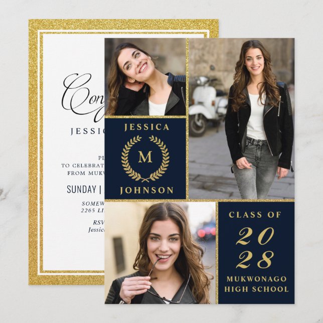 Invitation Classy Elegant Golden 3 PHOTO Graduation Party (Devant / Derrière)
