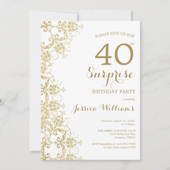 Invitation Classy Gold Damask 40th Birthday Surprise (Devant)