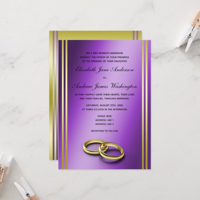 Invitation Classy Gold & Purple, Mariage  Mariage (Devant/Arrière en situation)