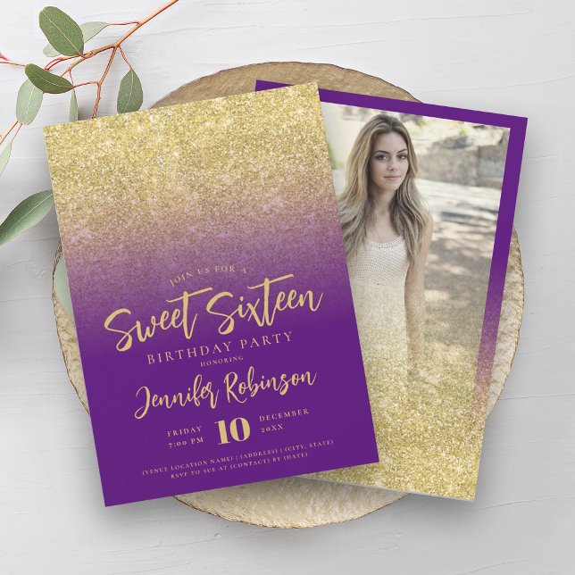 Invitation Classy Gold Purple Parties scintillant Photo Sweet (Classy Gold Purple Glitter Photo Sweet 16 Invitation)