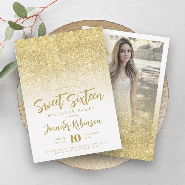 Invitation Classy Gold Sparkle Parties scintillant Photo Swee (Classy Gold Sparkle Glitter Photo Sweet 16 Invitation)