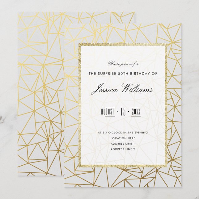 Invitation Classy Gold & White Surprise 50e fête d'anniversai (Devant / Derrière)