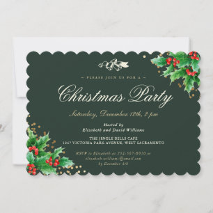 Invitation Classy Green Holly Berries Noël