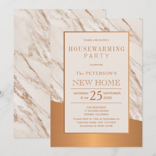 Invitation Classy marbre cuivre élégant ménage fête (Devant / Derrière)