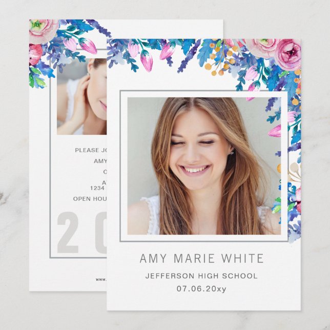 Invitation Classy Moderne Design Design Floral Photo Graduati (Devant / Derrière)