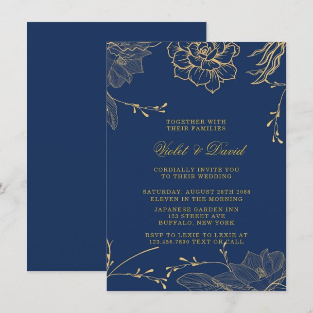 Invitation Classy Navy Blue et Gold Florals Mariage Invitati (Devant / Derrière)