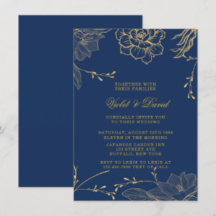 Invitation Classy Navy Blue et Gold Florals Mariage Invitati