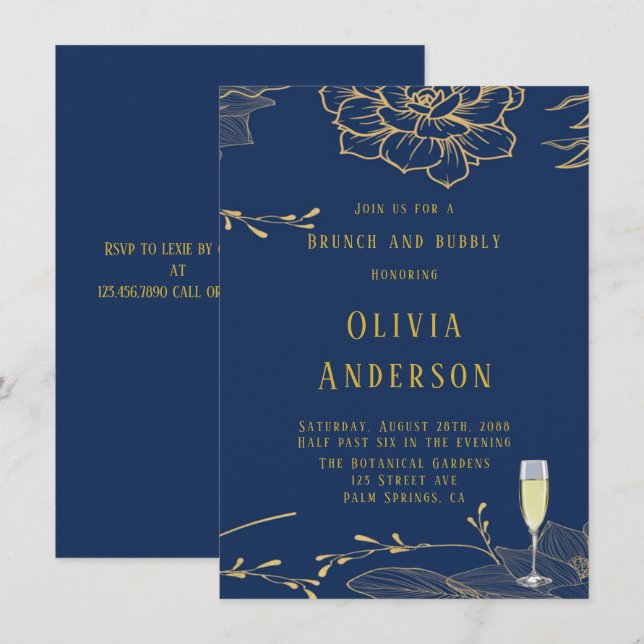 Invitation Classy Navy Blue Gold Rachel Brunch et Bubbly (Devant / Derrière)
