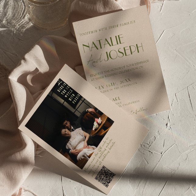 Invitation Classy Olive Green Old Money Photo QR Code Wedding (Créateur téléchargé)