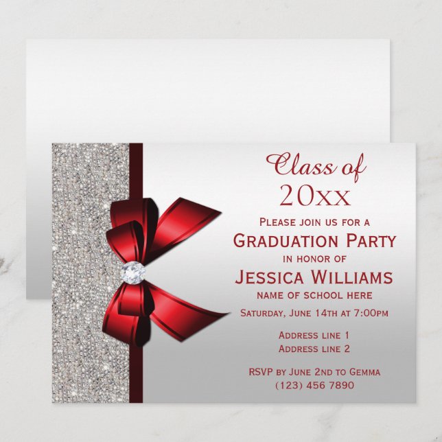 Invitation Classy Red Gem Bow, Silver Sequins Graduation (Devant / Derrière)