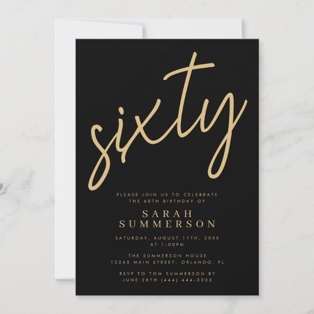 Invitation Classy Script Sixty Black Gold 60th Birthday Party (Devant)