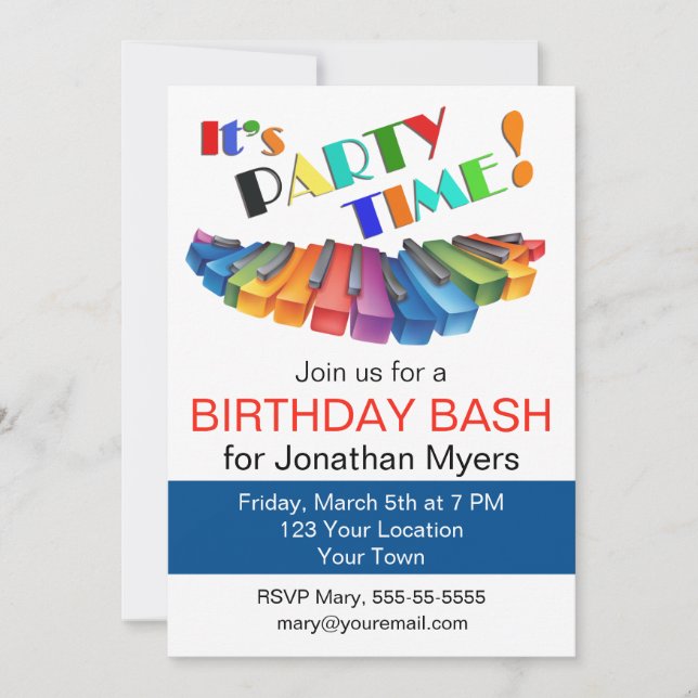 Invitation Clavier coloré fête d'anniversaire (Devant)