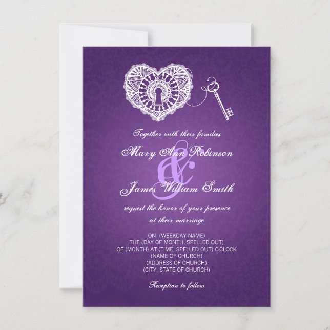 Invitation Clé De Mariage Élégante De Mon Coeur Violet (Devant)