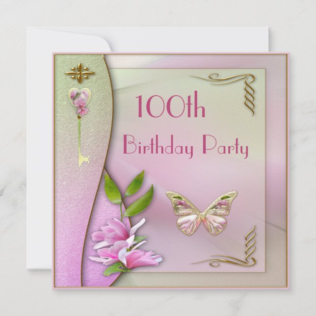 Invitation Clé glamour, Magnolia et Papillon 100e anniversair (Devant)