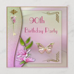 Invitation Clé glamour, Magnolia et Papillon 90e anniversaire