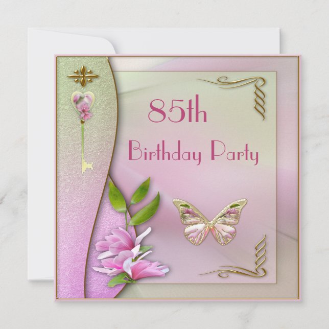 Invitation Clé glamour, Magnolia & Papillon 85e anniversaire (Devant)