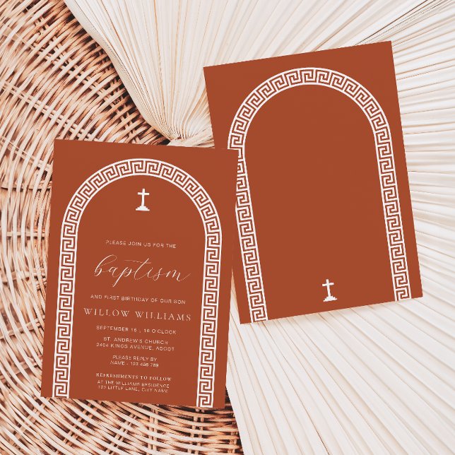 Invitation Clé grecque Arc Terracotta Baptême (Baptism Invitation Greek Key Terracotta White )