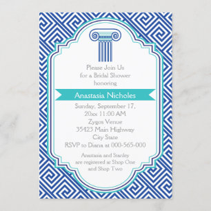 Invitation Clé grecque & colonne bleue mariage douche nuptial