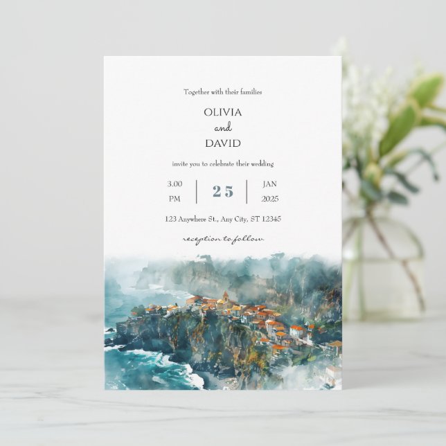 Invitation Cliffside Coastal Village Watercolor Beach Mariage (Debout devant)