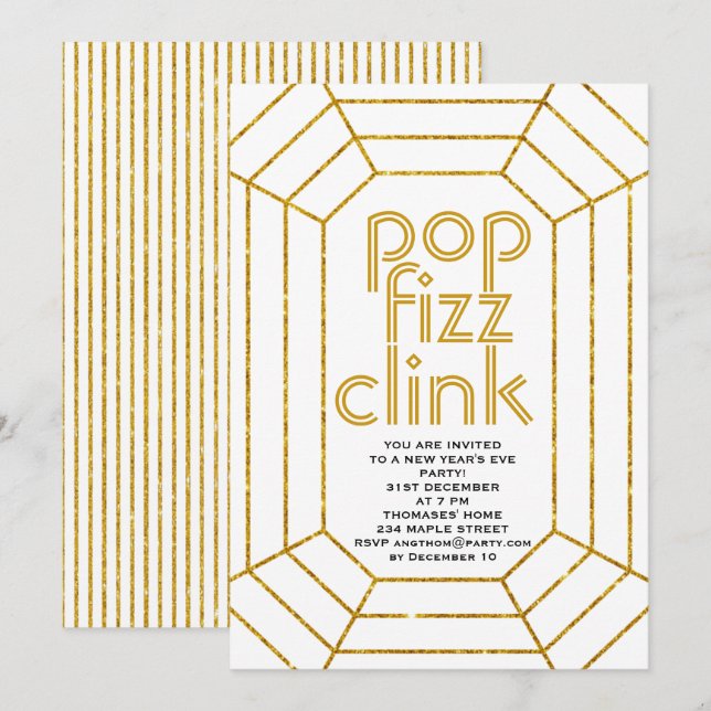 Invitation Clin pop pop or Art Déco soirée réveillon du Nouve (Devant / Derrière)
