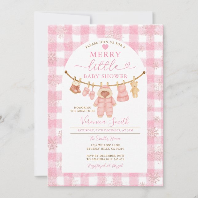 Invitation Cloche d'hiver rose Joyeux petit Baby shower (Devant)