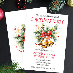 Invitation Cloche dorée avec nœud rouge et Noël au pin 
