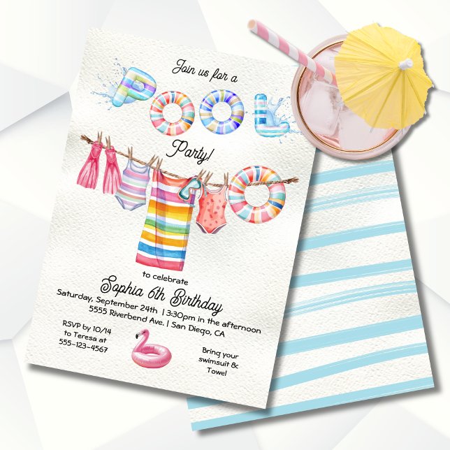 Invitation Clothesline Fête de Piscine Fille Anniversaire (Créateur téléchargé)